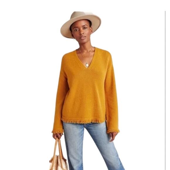 ANTHROPOLOGIE Joy Fringe Hem V-Neck Mustard Maize Soft Jumper Sweater Sz Medium - Picture 2 of 11